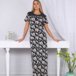 Long, half-sleeve floral nightgown with lace on the chest and buttons