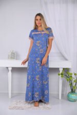A long nightgown with a floral print on the chest with buttons